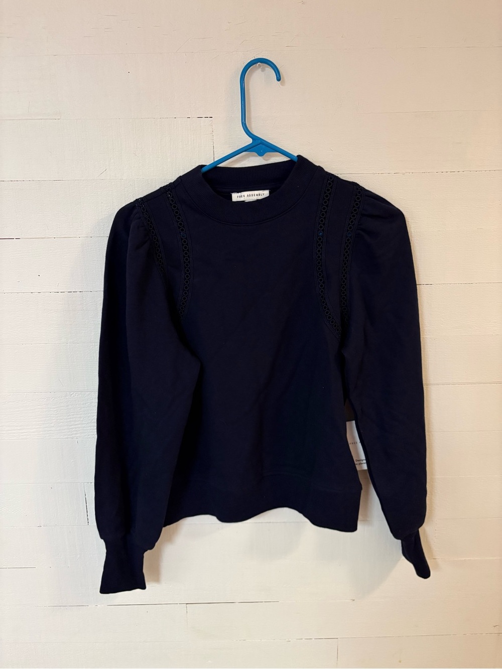 Free Assembly Lace Inset Puff Sleeve Sweatshirt Navy XS 0-2 NWT